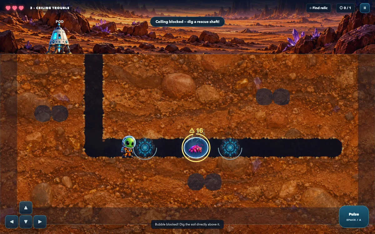 Running AlienDig beta: a trapped pink creature in a gravity bubble stopped beneath soil, with a rescue countdown.